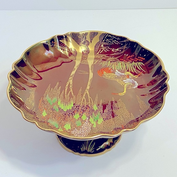 Carlton Ware Rouge Royale Hand Painted Crane/Willow Tree Scene Red Pedestal Dish - Picture 4 of 13